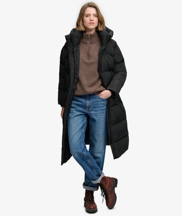 Superdry Women's Longline Hooded Puffer Coat Black Size: 2