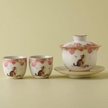 【茶品名】🍵蓋碗 三才碗 二才碗 泡茶杯米黃汝窯戲蝶小貓三才蓋碗中式泡茶汝窯陶瓷功夫茶具一蓋碗兩杯