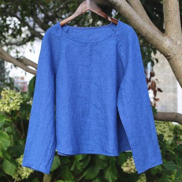 昔語自制 早秋純亞麻上衣文藝女襯衫長袖T恤純色小衫 C762