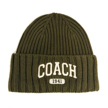 COACH 字母LOGO羊毛100%毛帽(橄欖綠)