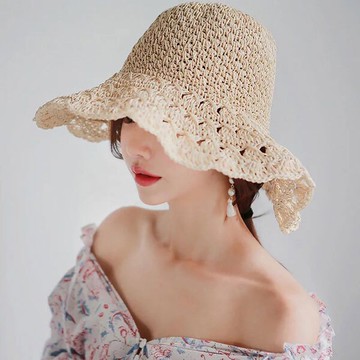 垂墜 蕾花 草帽 漁夫帽 遮陽帽 草編 防曬 編織 大帽沿 可折 韓國 ANNA S.