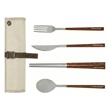 KZM OUTDOOR 風格餐具組附收納袋  木頭色 + 銀色  1個