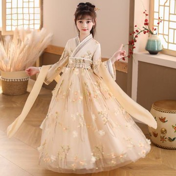 漢服女童春秋季長袖超仙古裝襦裙兒童中國風高端唐裝洋氣連衣裙子