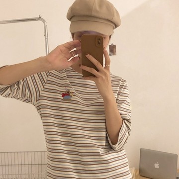 MUMU【T52614】Cindy+現貨 可愛小熊條紋刺繡七分袖上衣 女裝 小熊 條紋 七分袖上衣 可愛 文青 刺繡動物