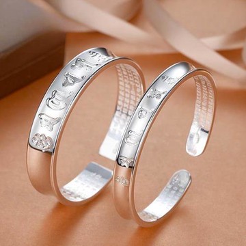 足銀手鐲 足銀999六字真言心經純銀手鐲復古個性男女情侶款一對刻