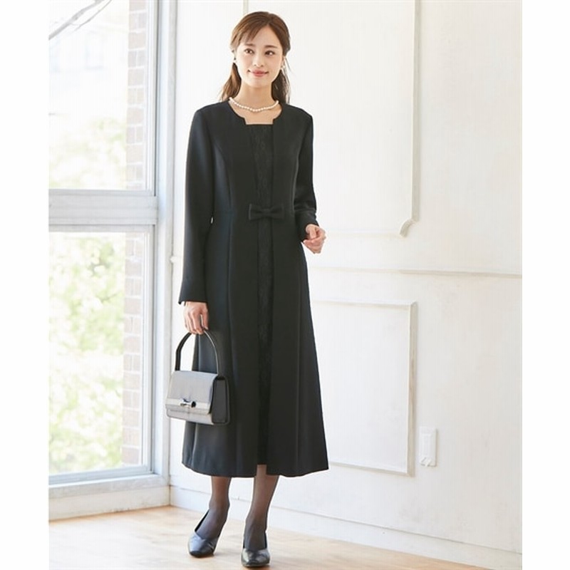 喪服 礼服 洗えるアンサンブル風レース使いロング丈ワンピース 大きいサイズ有 ブラックフォーマル Funeral Outfit 通販 Lineポイント最大1 0 Get Lineショッピング