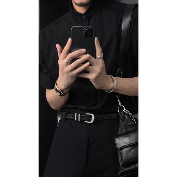 龍叨叨夏季新款潮流高級感百搭立領寬松短袖襯衫修身微喇西褲套裝