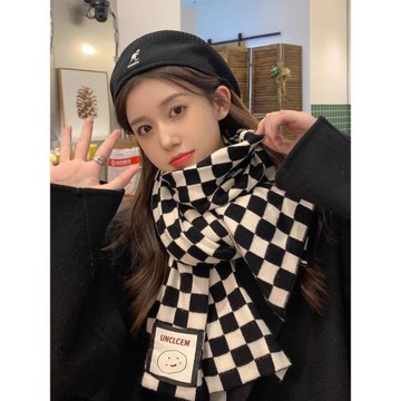 棋盤格圍巾女秋冬季2024新款韓版格子百搭學生毛線針織保暖圍脖