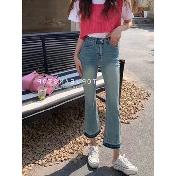 復古撞色毛邊微喇牛仔褲女春季小個子高腰修身彈力九分休閑喇叭褲