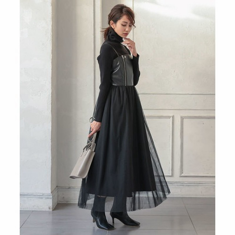 神戸レタス ライダース風サイドジップチュールワンピース E2631 レディース ロング かっこいい 大人 オシャレ 黒 ワンピース 秋冬 秋 冬 きれいめ ロング丈 ロングワンピース チュール フレア キャミソールワンピース キャミワンピ ベージュ ベージュ フリー レディース