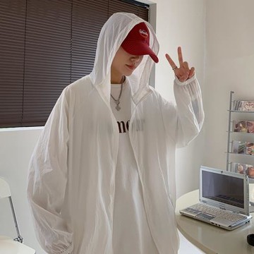 2024夏季新款ins純色防曬衣男薄款透氣情侶連帽防曬服夾克衫外套