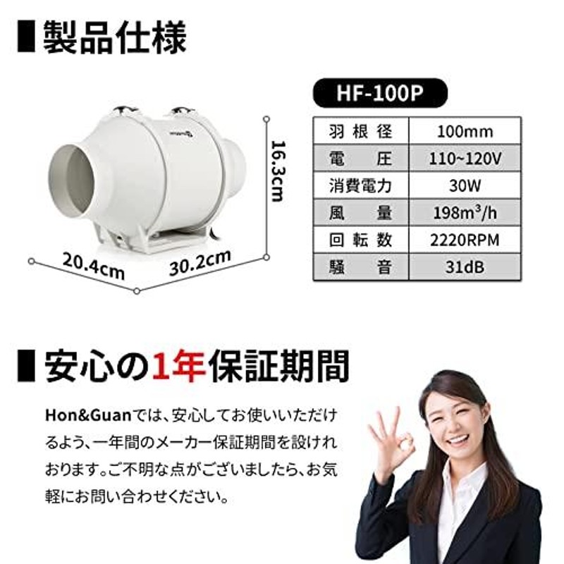 Hon&Guan ダクトファン 100mm 強力 無段階調速可能 金属ケース ダクト 