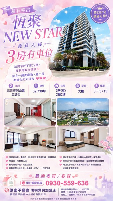 恆聚NEW STAR3房+車位優質大樓｜高雄市岡山區忠誠街