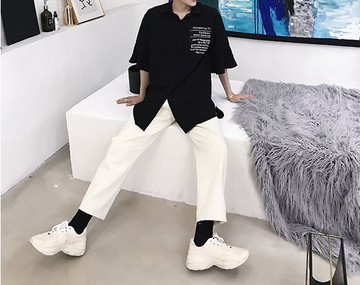 FINDSENSE H1 2018 夏季 新款 個性 荷葉袖 五分袖 不分前後穿著  印花 潮流 時尚 男 襯衣 獨家款