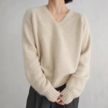 【米蘭精品】現貨+預購 100%羊毛衣針織衫發熱衣長袖保暖內搭加絨打底寬鬆大碼休閒-V領慵懶女上衣3色74nc85