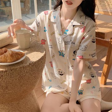 睡衣夏季女生新款純棉甜美卡通可愛開衫學生夏天可外穿家居服套裝