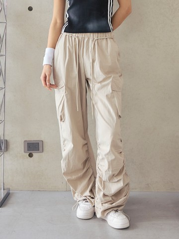 全鬆緊下擺抽繩工裝長褲-卡其色