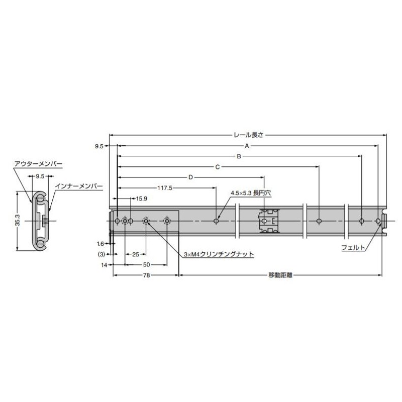 SUGATSUNE スガツネ工業 フリッパードア金具 スライドレール レール長さ：移動距離：A：B：C：D482.6：394.6：463.6：447.7：346.1：231.8  190-113-943 AL-78-19 通販 LINEポイント最大0.5%GET LINEショッピング