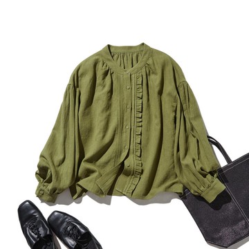 蓬鬆不對稱棉麻針織外套 長袖上衣 綠色 250814-3