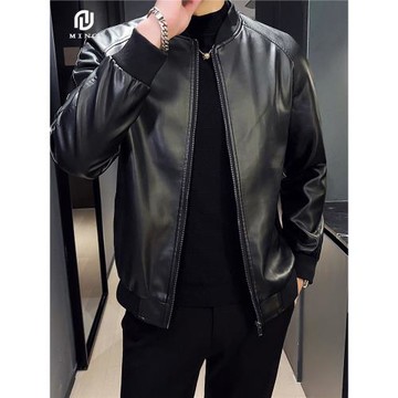 MINKEE棒球領皮衣外套男修身春秋季短款復古皮夾克秋冬款痞帥休閑