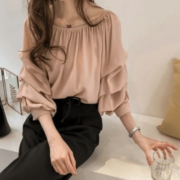 9th street 法式一字領雪紡上衣｜長袖寬鬆遮肉顯瘦・氣質甜美小衫 (預購)