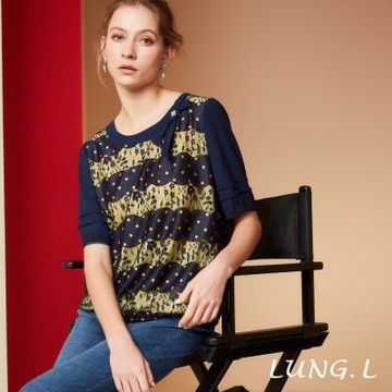 林佳樺LUNG.L 優雅藍色蕾色微透黃色內層五分袖女裝上衣 LS67A