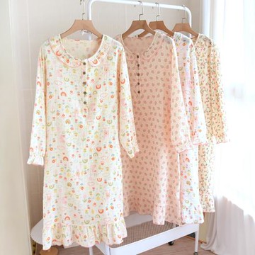 睡裙女長袖春秋夏季純棉雙層紗布家居連衣裙大碼薄款全棉長裙浴袍