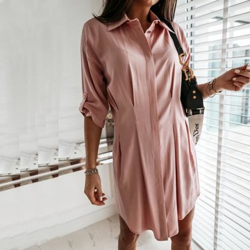 歐美風亞馬遜設計感夏時尚收腰挽袖襯衫 中長款襯衣裙Shirt dress