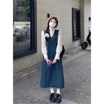 女裝復古連衣裙胖MM牛仔休閑背帶