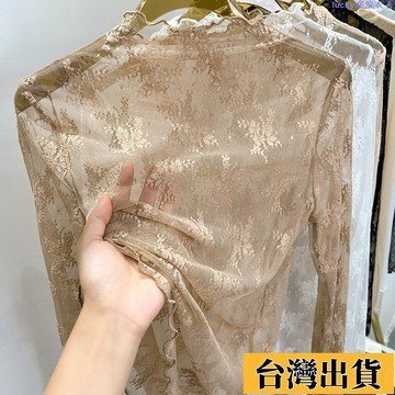 🌷新店優惠🌷修身長袖蕾絲衫女秋洋氣沙t高領紗衣打底衫內襯透明網紗內搭上衣 長袖上衣 顯瘦上衣 打底上衣 長袖t恤 女