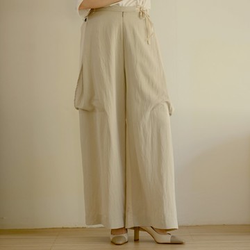 凹褶-飄逸寬褲-杏色