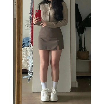 【Plump】 中大尺碼女裝 微胖mm美式辣妹套裝春季新款長袖翻領針織衫女開衩包臀短裙兩件套  秋冬套裝