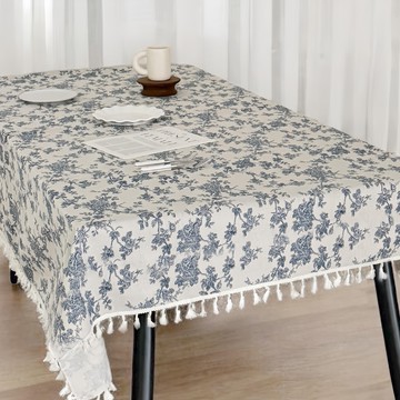 法式復古桌布 藍色碎花  140 x 180cm  流蘇收邊款 白色 + 藍色  1個