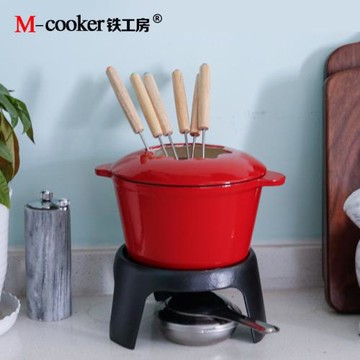 鐵工房奶酪芝士小火鍋鑄鐵鍋琺瑯鍋巧克力火鍋酒精爐餐廳16cm商用