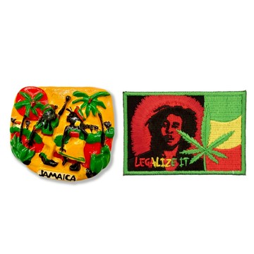 造型布貼＋磁鐵【2件組】 牙買加黃昏立體磁鐵＋巴布·馬利 雷鬼歌手布章 磁鐵 大門磁鐵 冰箱磁鐵 磁鐵冰箱貼 出國 _廠商直送