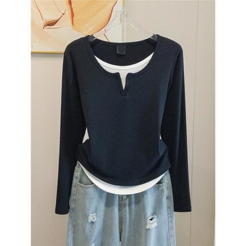 假兩件黑色正肩長袖T恤大碼女裝春秋歐貨新款胖mm內搭打底衫上衣