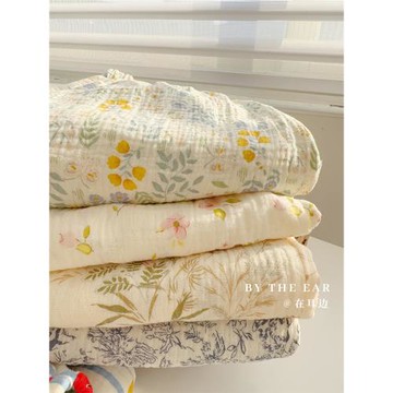 在耳邊睡褲雙層純棉紗布睡褲女長褲春秋復古寬松直筒家居褲可外穿