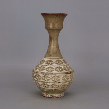 宋磁州窯黃釉暗刻銅錢花長頸瓶 仿古出土舊貨瓷器古玩家居收藏