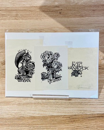 比利時藝術家GAUDAEN,Gerard-Exlibris-藏書票-版畫-狐狸玫瑰橡果