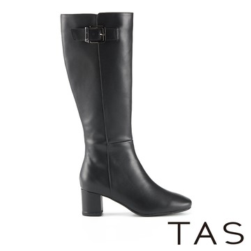 TAS 側拉鍊金属釦真皮粗中跟長靴 黑色 #44881