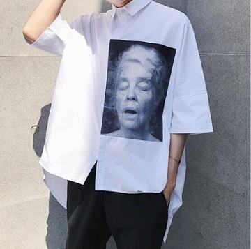 FINDSENSE MD 韓國 街頭時尚 潮 男 複古 寬鬆 特色老人頭像印花 短袖襯衫 特色短T