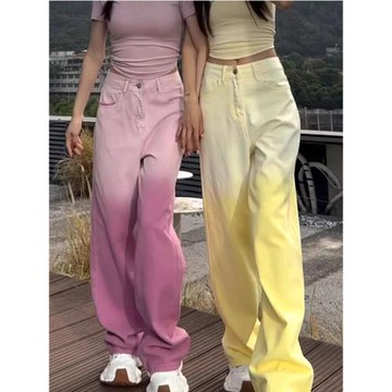 2025復古多巴胺漸變色闊腿牛仔褲女小眾高腰寬松顯瘦直筒拖地褲潮