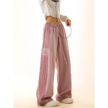 [PEAC]粉色條紋運動褲女秋冬潮牌高街美式衛褲寬松直筒垂感休閑褲