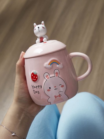 卡通陶瓷馬克杯帶蓋勺咖啡杯子少女可愛情侶辦公室用大容量喝水杯