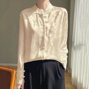 [巴黎精品] 現貨+預購 新中式絲質襯衫緞面上衣名媛絲綢冰絲涼感長袖襯衫天絲OL女裝-立領盤扣3色a1iz56