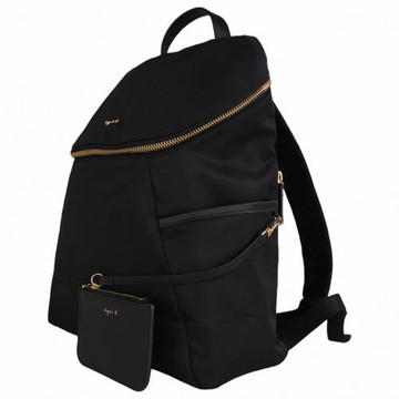 agnes b. 金屬agnes b.前凹拉鍊附零錢包尼龍後背包(黑)大