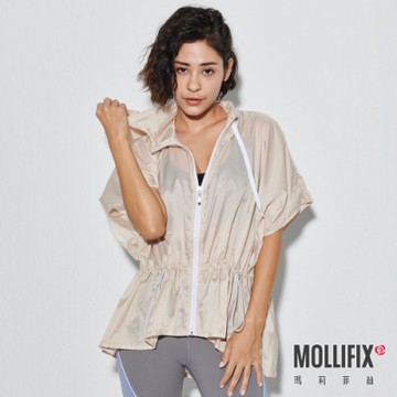 Mollifix 瑪莉菲絲 微透率性傘型收腰連帽背心 (淺卡其) 暢貨出清