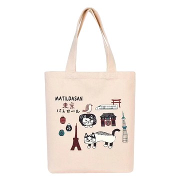 kUSUgURU JAPAN 日本眼鏡貓 日本限定觀光主題系列 帆布手提肩背兩用包  東京 & Matilda 米色  36 x 28 x 8cm