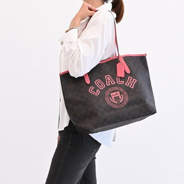 COACH CB869 經典印花拼皮肩背大托特包.深咖/桃