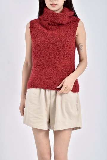 (S) 質感高領無袖紅色上衣